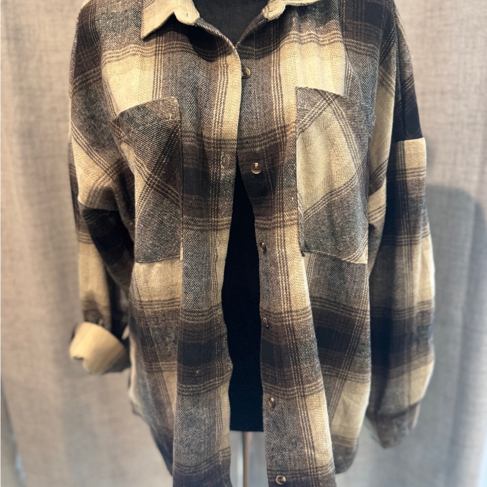 Ci Sono Beige and Brown Plaid Shirt